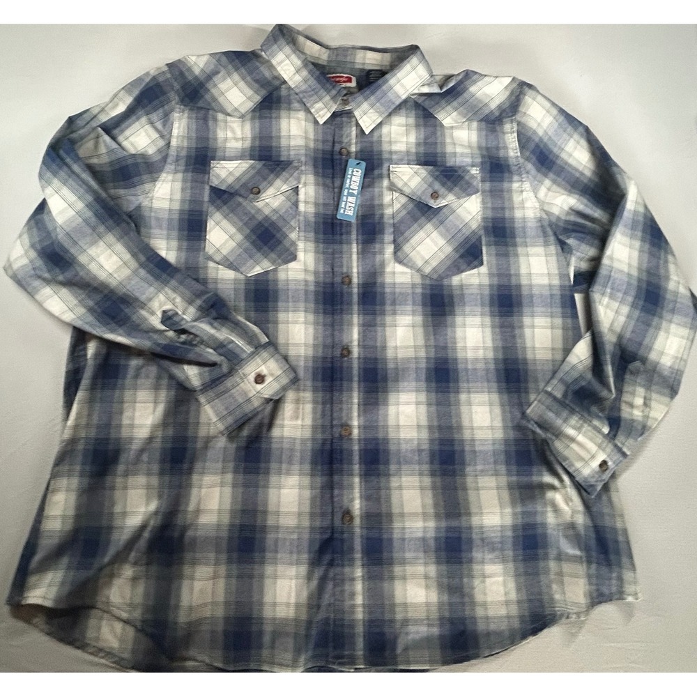 Wrangler Mens Cowboy Wash Plaid Western Shirt Blue White 3XL Slim Fit 112330909
